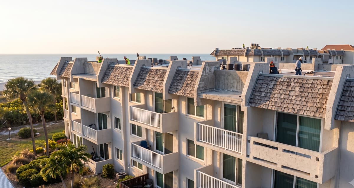 Coastal condominium exterior with aging roofline and a roofing crew at work in Sarasota County, Florida